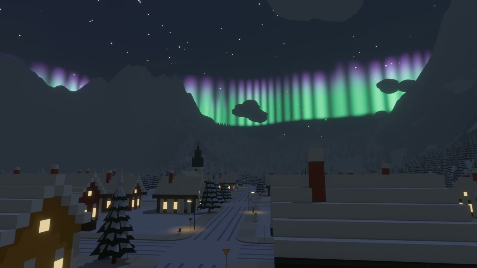 The northern lights over a snowy Nordic town at night