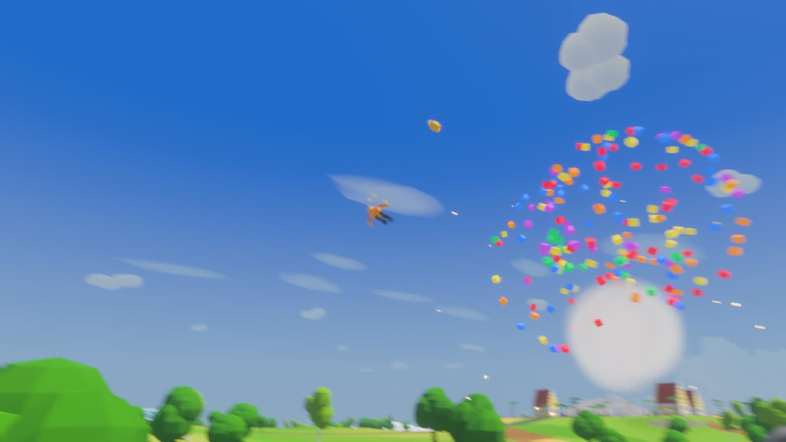 Somebody flying out of a human cannon in a burst of confetti