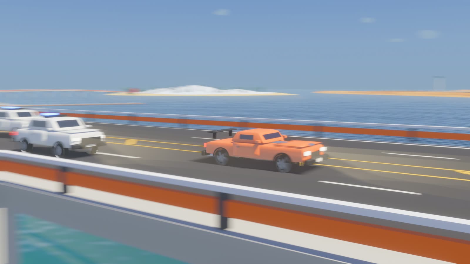 An orange sports car with five police cars behind it on the Interstate bridge