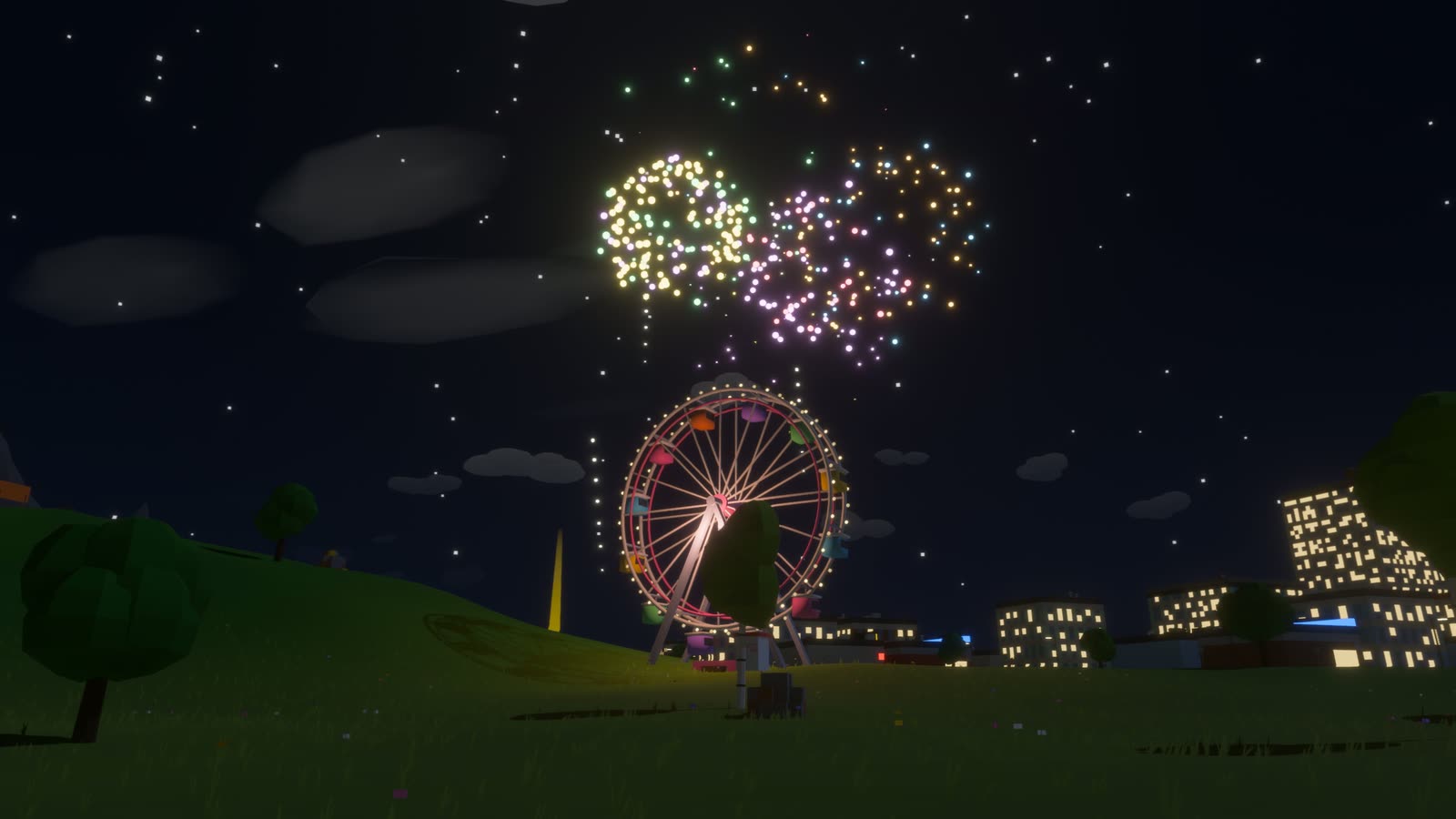 Fireworks over the Wheel of Mild Fun.
