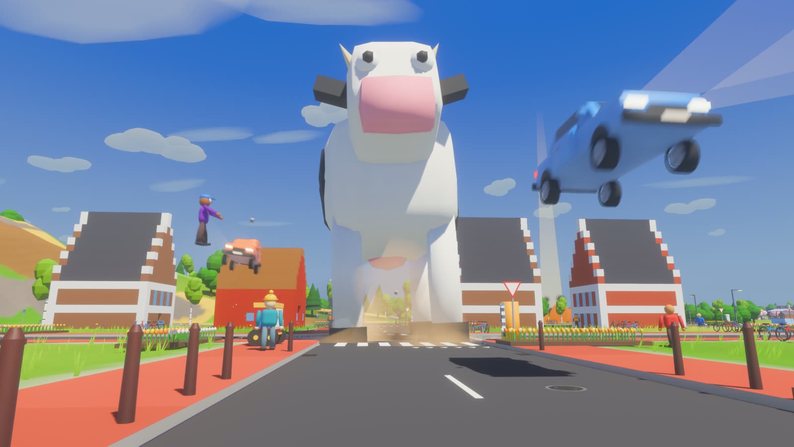 A giant cow walking down a street of Dutch canal houses, a car flying off its hoof
